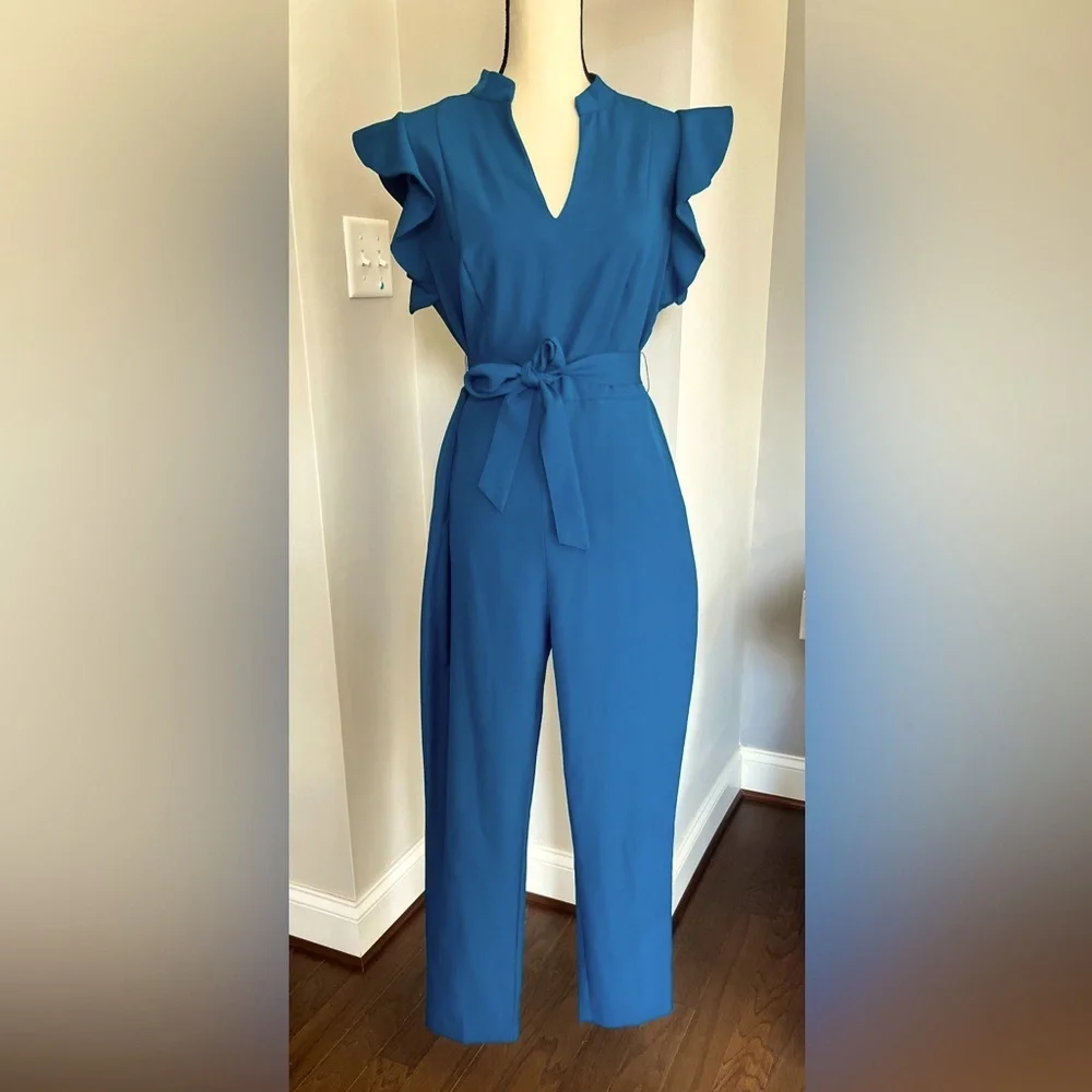 Women’s Blue Ruffle Sleeve Jumpsuit with Belt - Picture 1 of 6